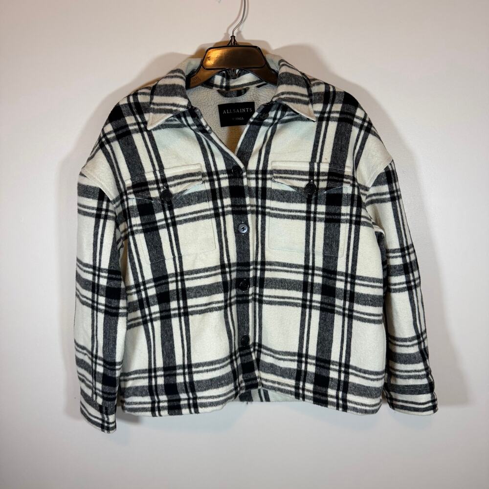 AllSaints Luella Black Cream Plaid Check Wool Blend Jacket Women XS Sherpa Lined